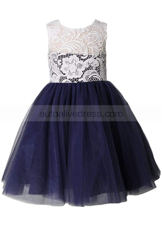 Ivory Lace Navy Blue Tulle Classic Short Flower Girl Dress